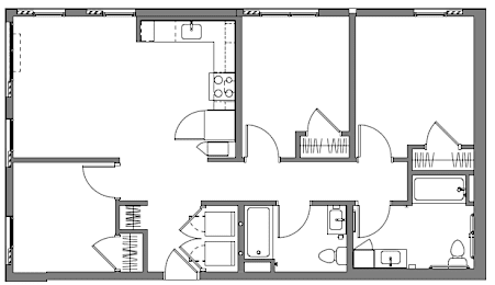 A black and white floor plan of a house with a kitchen, living room, and bathroom.