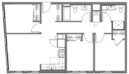 A floor plan of a house with a kitchen, living room, and two bedrooms.