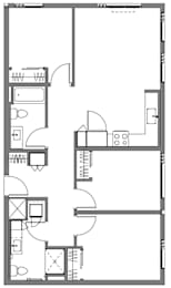 A black and white floor plan of a house with a kitchen, living room, and bathroom.