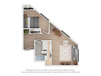 A 3D floor plan of a house with a kitchen, living room, and bathroom.