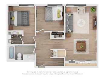 A 3D floor plan of a house with a kitchen, living room, and bathroom.