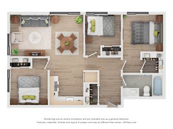 A floor plan of a house with a kitchen, living room, dining room, and bathroom.