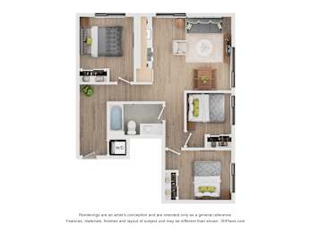 A floor plan of a small apartment with a kitchen, living room, and bathroom.