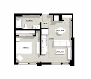 A floor plan of a house with a living room, dining room, kitchen, bedroom, and bathroom.