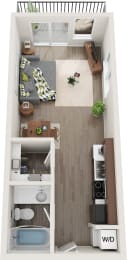 an overhead view of a two bedroom apartment with a bathroom and kitchen