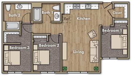 A floor plan of a house with three bedrooms, a living room, a kitchen, a bathroom, and a closet.