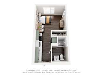 A small apartment with a kitchen, a bathroom, and a living area.