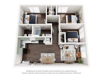 A 3D floor plan of a small apartment with a kitchen, living room, and two bedrooms.