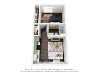 A 3D floor plan of a small apartment with a kitchen, living room, and bedroom.
