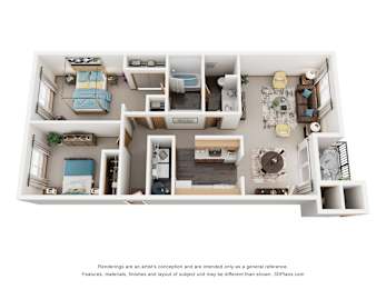 A 3D floor plan of a small apartment with a kitchen, living room, and bedroom.