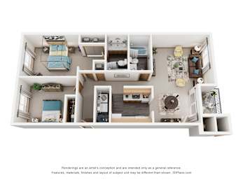 A 3D floor plan of a house with a kitchen, living room, and two bedrooms.