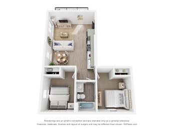 A floor plan of a two-bedroom apartment with a living room, kitchen, and bathroom.