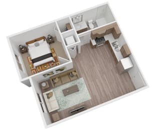 A top down view of a small apartment with a bedroom, living room, and kitchen.