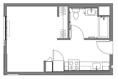 A floor plan of a room with a kitchen area and a bathroom.