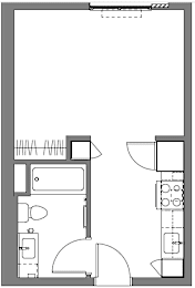 A floor plan of a room with furniture and appliances.