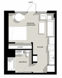 A floor plan of a small apartment with a bedroom, living room, kitchen, bathroom, and closet.