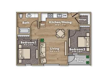 2 Bedroom Floor Plan at Terracina Vista, Portland Oregon