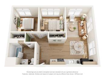A 3D floor plan of a small apartment with a kitchen, living room, and bedroom.