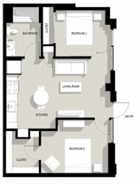 A floor plan of a house with two bedrooms, a living room, a kitchen, a bathroom, and a closet.