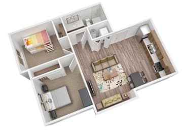 A 3D floor plan of a house with a living room, kitchen, and two bedrooms.