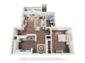 A 3D floor plan of a house with a kitchen, living room, and bedrooms.