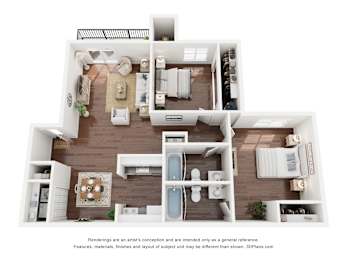 A 3D floor plan of a house with a kitchen, living room, and bathroom.