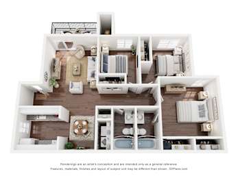 A 3D floor plan of a house with a kitchen, living room, and bathrooms.