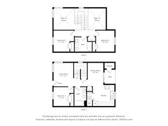 A floor plan of a two level home with three bedrooms and two bathrooms.