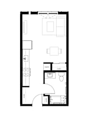 A black and white image of a floor plan for a small apartment.
