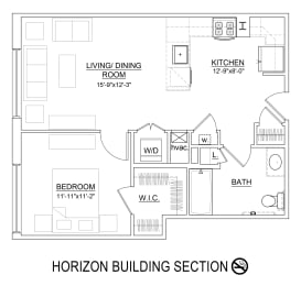 1 Bed 1 Bath 696 Sq.Ft. Bergen Floor Plan at Heritage Court, Ewing, NJ