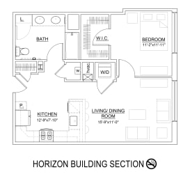 1 Bed 1 Bath 716 Sq.Ft. Camden Floor Plan at Heritage Court, Ewing, NJ