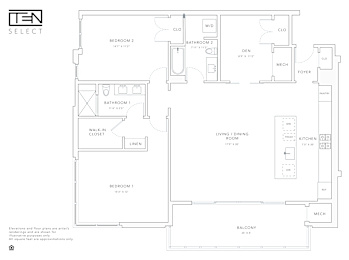 A floor plan for a TEN SELECT property showing three bedrooms, two bathrooms, a living area, kitchen, and balcony.