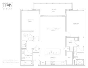 A floor plan of a TEN SELECT apartment with two bedrooms, a living room, a dining room, a kitchen, a bathroom, a walk-in closet, and a utility space.