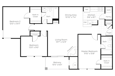 A floor plan of a house with labeled rooms and dimensions.