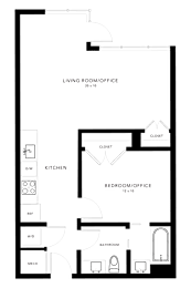 A floor plan of a living room, kitchen, and bedroom/office.