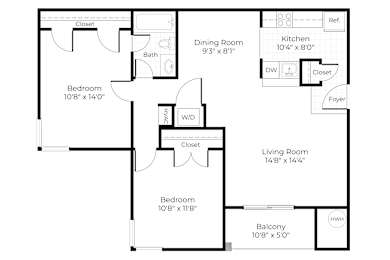 A floor plan of a house with a living room, dining room, kitchen, and three bedrooms.