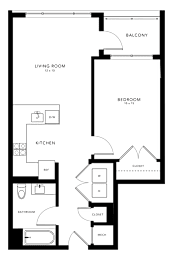 A floor plan of a house with a living room, bedroom, kitchen, and bathroom.