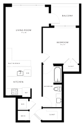 A floor plan of a house with a living room, kitchen, bedroom, and bathroom.