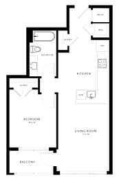 A floor plan of a house with a bedroom, bathroom, kitchen, living room, and balcony.
