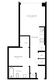 A floor plan of a house with a living room, kitchen, bedroom, bathroom, and closet.