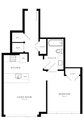 A floor plan of a house with a kitchen, living room, and bedroom.