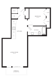 A floor plan of a house with a living room, kitchen, and two bedrooms.