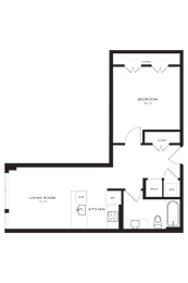 A floor plan of a home with a living room, kitchen, and bedroom.