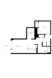 A floor plan of a house with a living room, terrace, and two bedrooms.