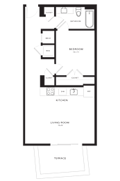 A floor plan of a house with a living room, kitchen, and two bedrooms.