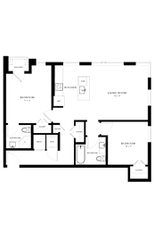 A floor plan of a house with a kitchen, living room, and three bedrooms.