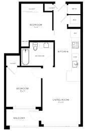 A floor plan of a house with three bedrooms, a kitchen, a living room, and a bathroom.