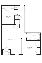 A floor plan of a house with a living room, kitchen, and two bedrooms.