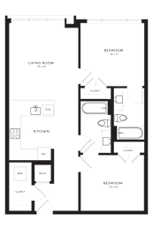 A floor plan of a house with a living room, kitchen, two bedrooms, and a bathroom.