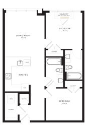 A floor plan of a house with a living room, kitchen, and two bedrooms.
